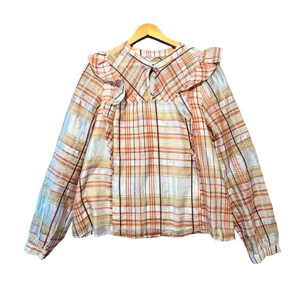 Current Air Anthropologie Plaid Ruffle Blouse Top XLarge Boho Cottagecore Indie - Picture 4 of 9